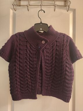 Purple Cable-Knit Short Sleeve Sweater Cardigan 50% Merino Wool 50% Acrylic